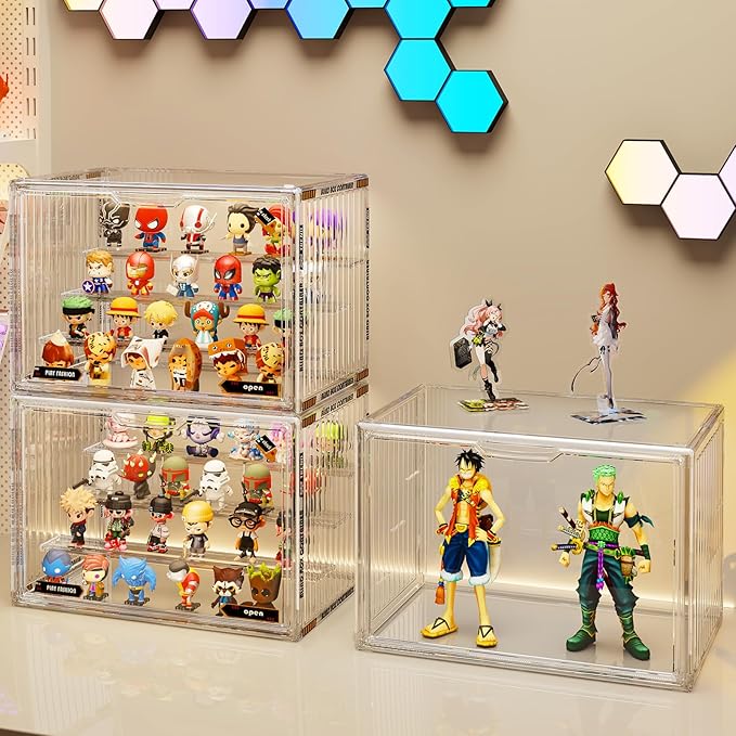 JOYZAN Acrylic Display Cases for Collectibles 2 Packs 4 Layer Adjustable Clear Figure Display Case with Magnetic Door Stackable Collectible Display Box with 3 Movable Plates Blind Box Case - Large