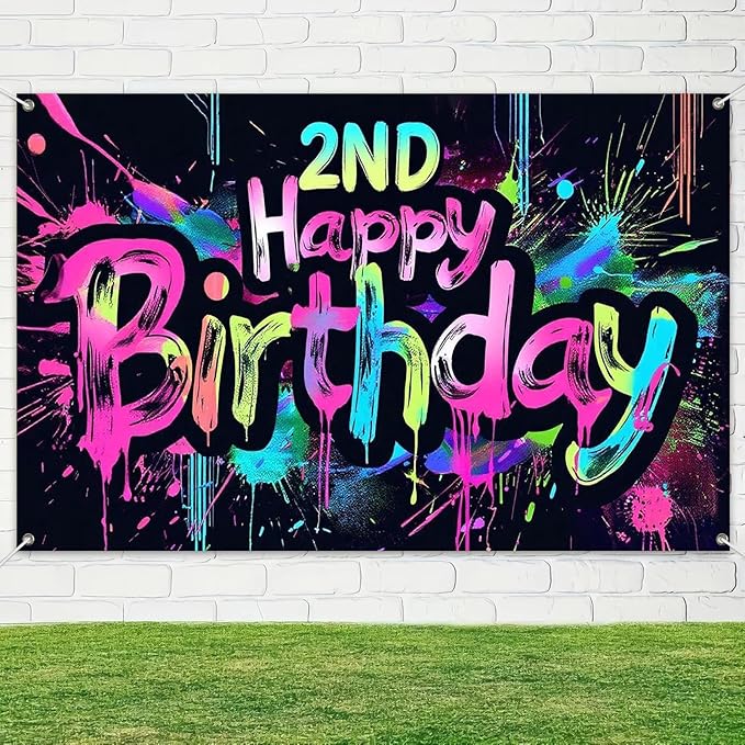 Neon 2nd Happy Birthday Party Banner 71x43 Inch Paint Splatter Backdrop Colorful Wall Decorations for Kids Boys Girls Second Birthday Photo Booth Background Event Decor Supplies