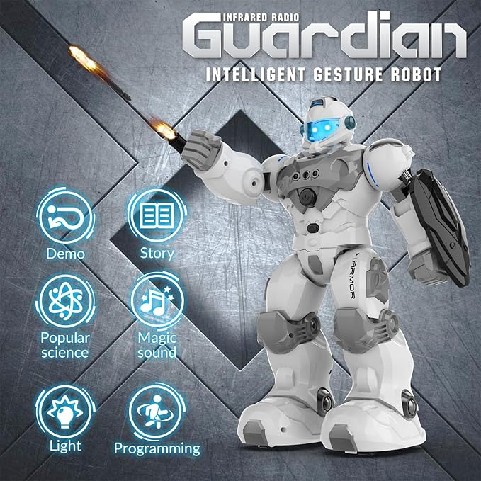STEMTRON Robot Toys for Kids, Programmable Remote Control Robot with Intelligent Gesture Sensing, Recharge, Singing & Dancing Mode, Launcher (White)