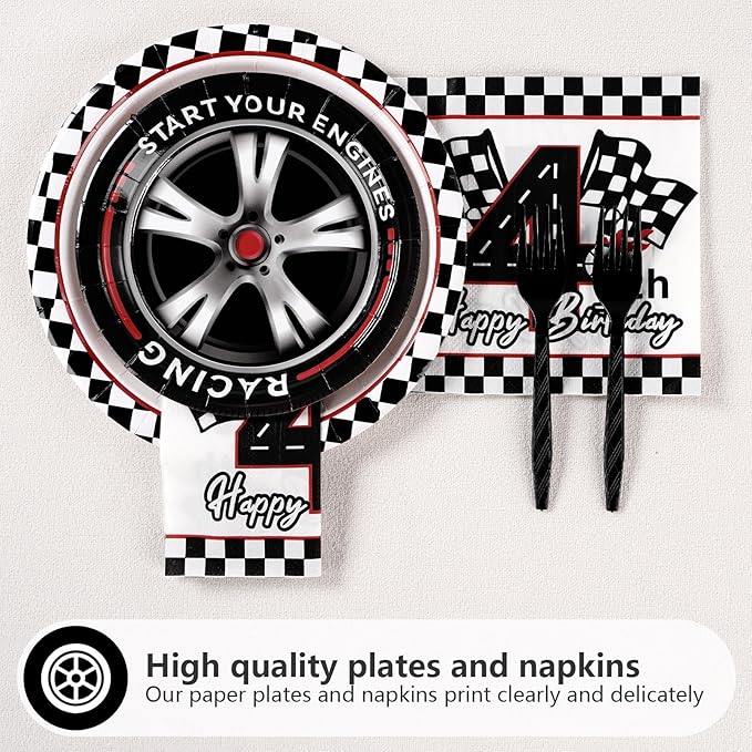 96 Pcs Need Four Speed Birthday Decorations Disposable Race Car Themed 4th Party Plates and Napkins Checkered Flag Tableware Set for Kids Boys Racing Car 4 Year Old Birthday Party Supplies Serves 24