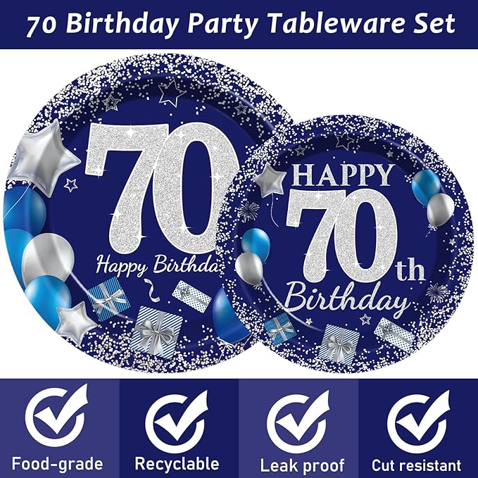 96 Pcs 70th Birthday Party Supplies - Navy Blue & Silver Plates, Napkins, Forks & Table Decorations for 24 Guests