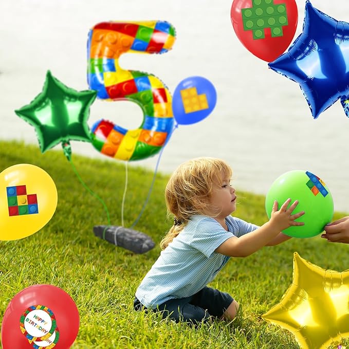 40 Inch Building Block Number Balloon, Colorful Number Block Foil Number 5 Balloons Large Big Numbers Helium Balloon for Girls Boys 5th Birthday Brick Theme Party Decorations (Number 5)