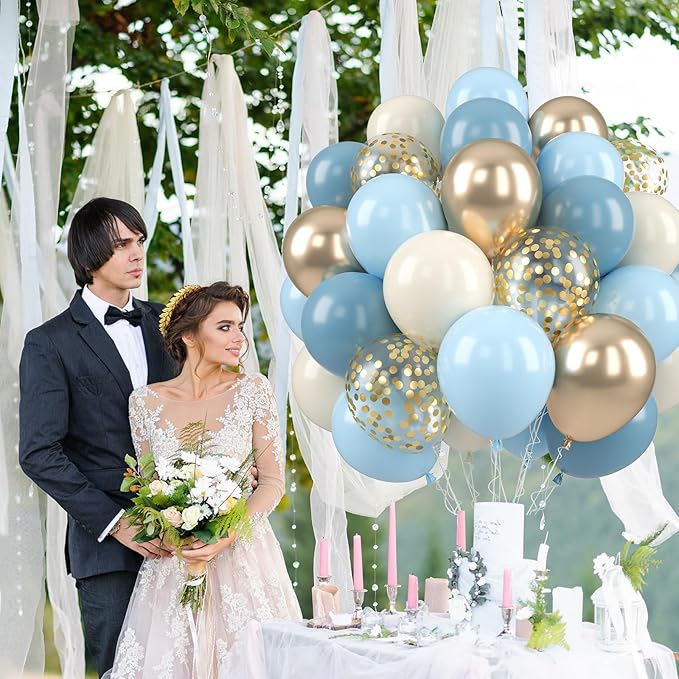 Paready Dusty Blue Balloons, 50 Pcs Gold White Balloons, 12 Inch Sand White Retro Ice Mist Macaron Metallic Champagne Gold Balloons for Bridal Shower Baby Party Decorations