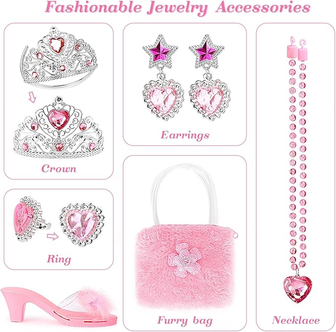 Princess Dress Up Shoes Pretend Play Jewelry Toys Set 3 Pairs of Shoes with Tiara Earrings Necklaces Ring Role Play Set for Little Girls Aged 3-6 Years Old