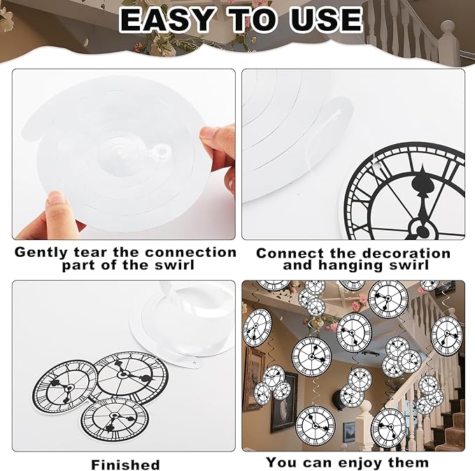 60Pcs Wonderland Clock Hanging Swirls Wonderland Tea Birthday Party Decorations Curious Clock Ceiling Streamers Fairytale Themed Hanging Decorations for Birthday Baby Shower Tea Party Supplies