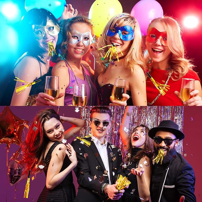 Sumind 48 Pcs Gold Noise Makers Glitter Noise Makers Metallic Fringed Party Blowers for Adults Birthday Graduation Sporting Events 2026 New Years Party Favor Supplies