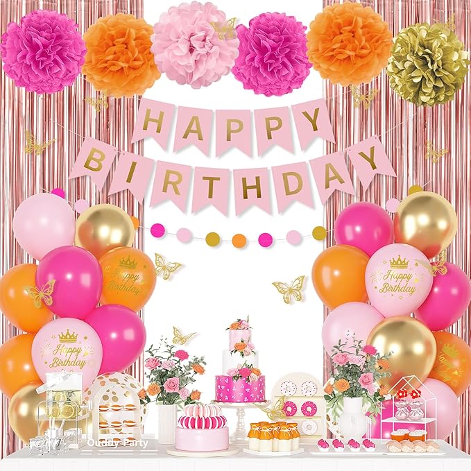 Hot Pink Orange Birthday Decorations for Women Girls, Peach Burnt Gold Metallic Confetti Printed Balloons Butterfly Stickers Fringe Curtain Happy Birthday Banner Circle Dot Paper Pompom Party Supplies