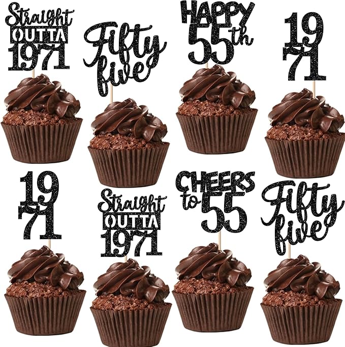 30PCS Black 55th Birthday Cupcake Toppers Glitter Fifty Five Happy 55 Straight Outta 1971 Cupcake Picks for Cheers to 55 Years 55th Birthday Anniversary Party Cake Decorations Supplies