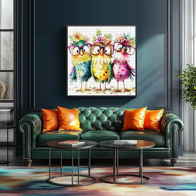 Colorful Owls 500 Piece Jigsaw Puzzle for Adults Cute Cartoon Birds Art Puzzle Family Fun Puzzle with with Letters on Back Challenging Puzzle for Seniors, Home Decor (23''X15'')