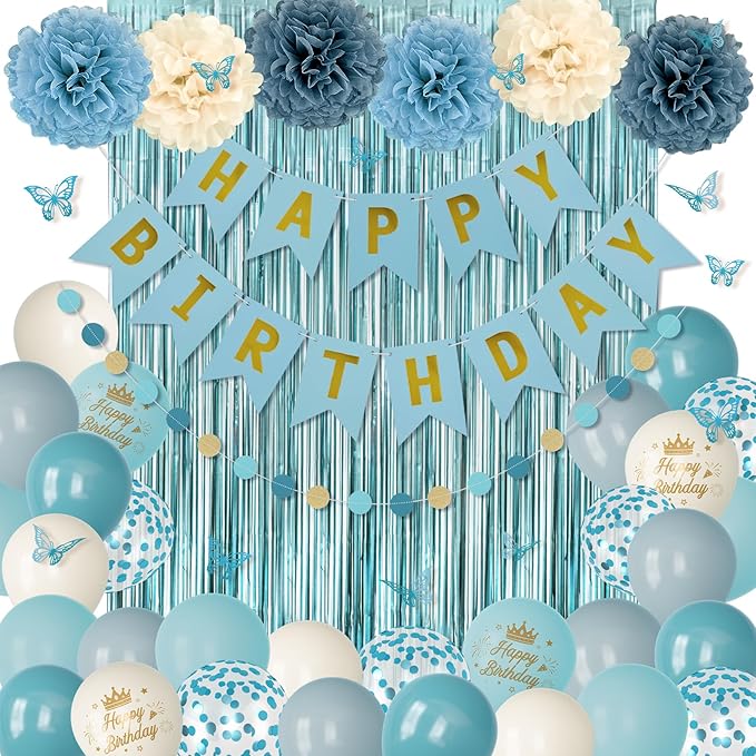 Blue Birthday Decorations, Dusty Blue Sand Confetti Metallic Printed Balloons Butterfly Stickers Fringe Curtain Happy Birthday Banner Circle Dots Paper Pompoms Boys Men Girls Women Party Supplies