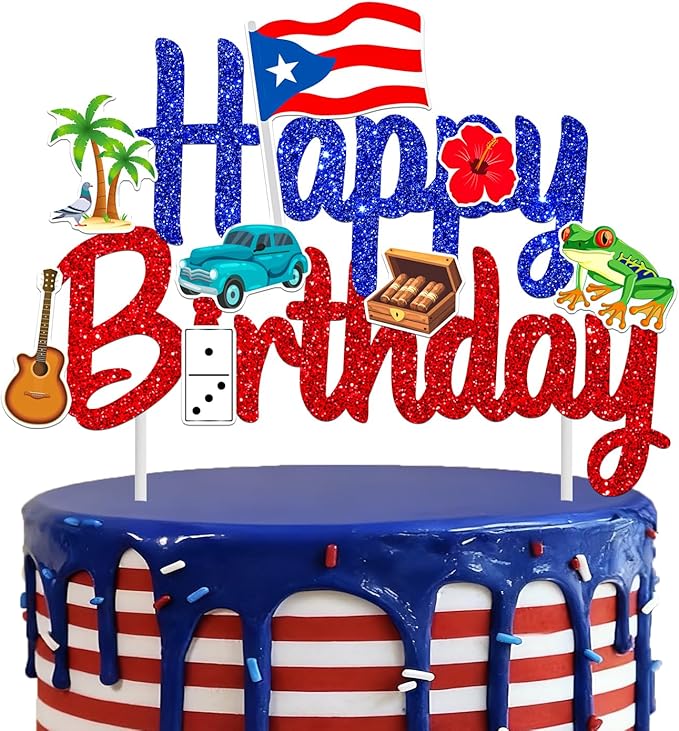 Puerto Rico Cake Topper Glitter Puerto Rican Theme Birthday Party Decoration Puerto Rican Cake Decorations Frog Cigar Vintage Car Cake Picks for National Day Patriotic Festival Supplies