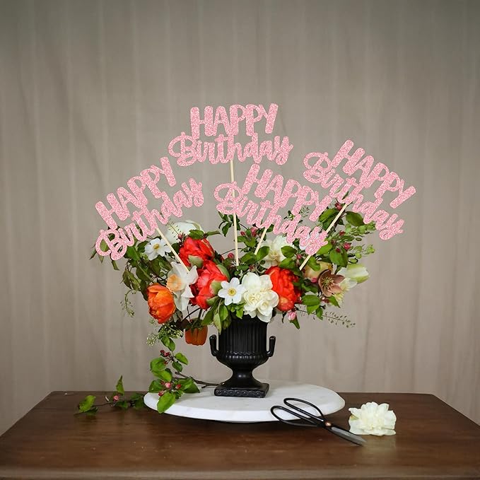 Gyufise 12Pcs Happy Birthday Centerpieces Sticks Double Sided Glitter Birthday Party Decorations Anniversary Table Flower Centerpiece for Celebrating Party Supplies Pink