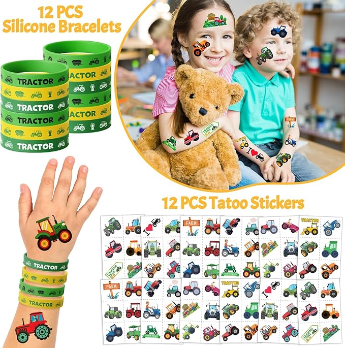 110Pcs Tractor Party Favors for Kids - Farm Birthday Party Decorations and Supplies with Slap Bracelets, Tattoos, Stickers, Keychains & Buttons, Tractor Goodie Bag Fillers for Boys