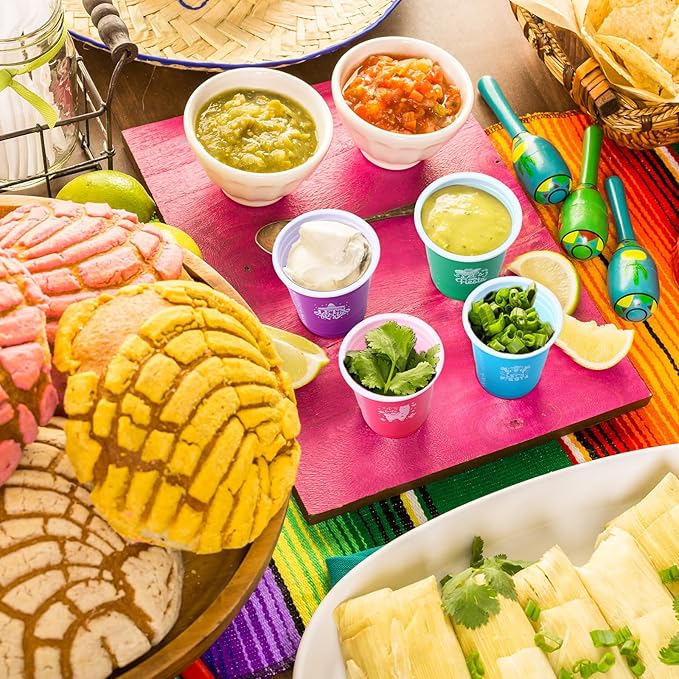 Pickmesh 100 Pcs Mexican Party Decorations 2 oz Shot Cups Cinco De Mayo Fiesta Mini Cups for Fiesta Taco Party Decorations Birthday Taste Serving Supplies, 6 Colors