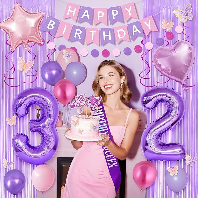32nd Purple Birthday Decorations for Women, Pink and Purple Happy 32 Birthday Party Decorations with Happy Birthday Banner, Number Foil Balloons, Butterfly Cake Topper for 32nd Party Supplies