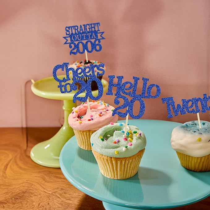 Ephlyn 24Pcs Happy 20th Birthday Cupcake Toppers Glitter Straight Outta 2006 Cupcake Picks Hello 20 Cheers to 20 Years Cake Decorations for 20th Birthday Anniversary Party Decorations Supplies Blue