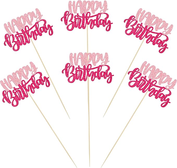 Gyufise 12Pcs Happy Birthday Centerpieces Sticks Double Sided Glitter Birthday Party Decorations Anniversary Table Flower Centerpiece for Celebrating Party Supplies Pink Rose Red