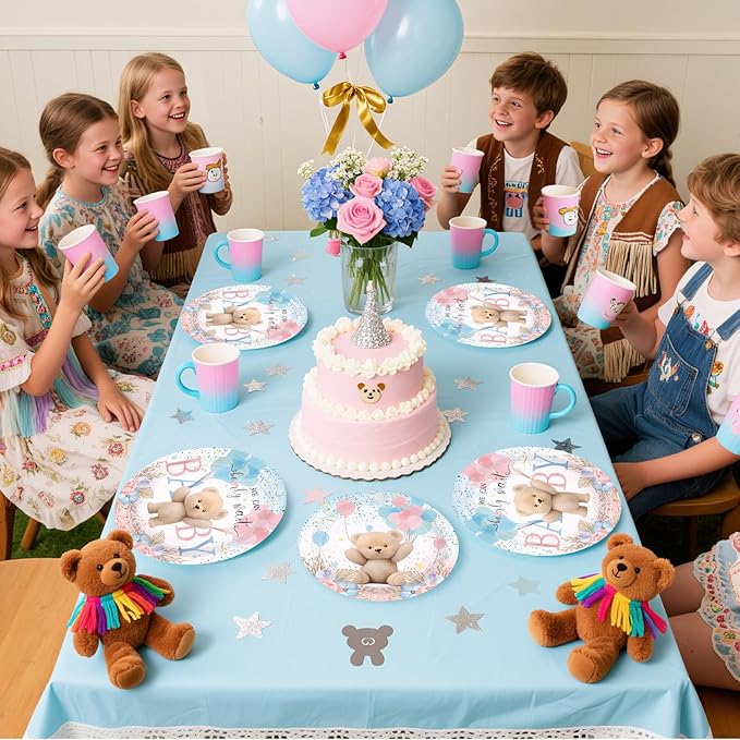 96Pcs Bear Baby Shower Party Decorations Pink Blue Boho Bear Birthday Plates and Napkins Tableware Sets for Girls Boys Baby Shower Gender Reveal Fall Wedding Birthday Holiday Party Supplies Serves 24