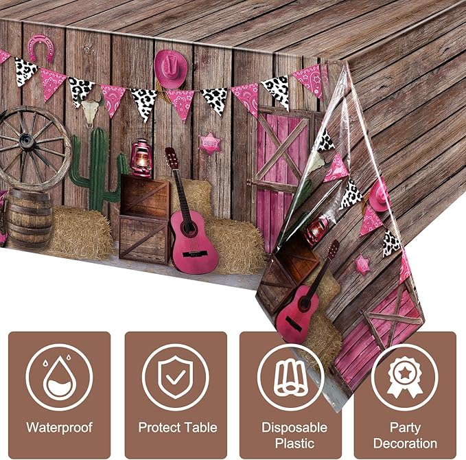 Tiamon 1 Pieces Western Party Tablecloth Cowgirl Table Cover Pink Western Cowgirl Plastic Tablecloth Disposable Wild West Table Cover for Baby Shower Birthday Party Supplies, 54 X108 Inch