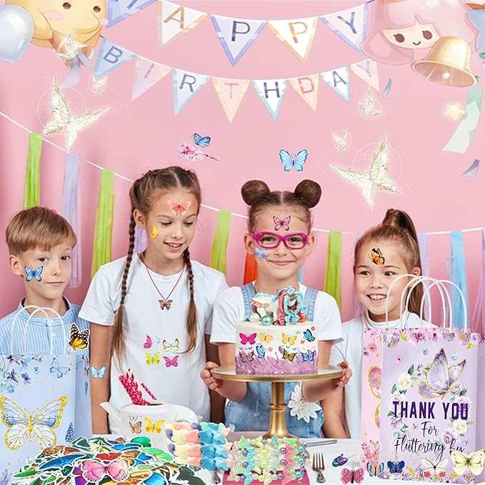 Butterfly Party Favors 122Pcs Butterfly Themed Birthday Supplies Set Fairy Party Favors Decorations Keychains Bracelets Goodie Bags Tattoo Stickers Gifts for Pinata Filler