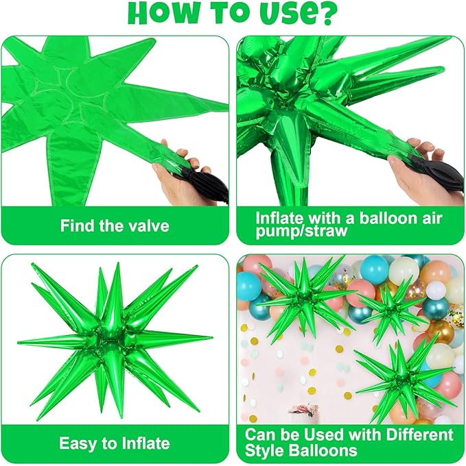 10 Pcs Green Star Balloons Explosion Balloons Foil Cone Balloon Magic for Birthday Wedding Anniversary Party Backdrops Decorations Supplies, 6 Pcs 22Inches and 4 Pcs 27Inches