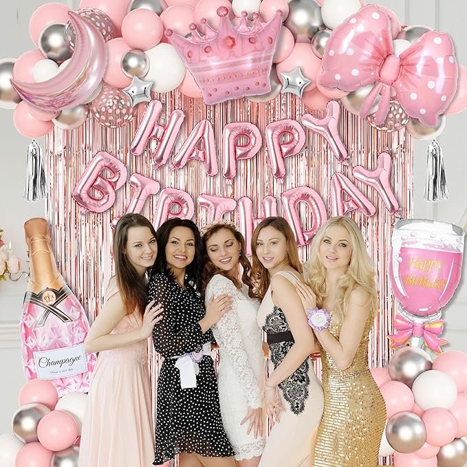 Ouddy Life Pink Happy Birthday Party Decorations for Women Girls, Pink Happy Birthday Love Crown Bow Bottle Lipstick Balloons Fringe Curtain for Princess Birthday Wedding Baby Shower Party Supplies