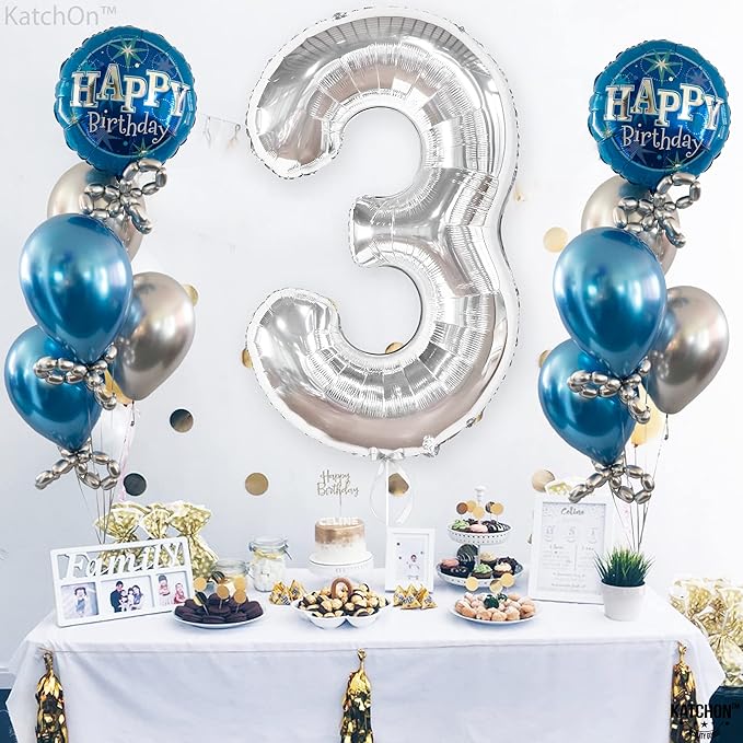 KatchOn, Big Silver Number 3 Balloon - 40 Inch | 3rd Birthday Decorations for Girls & Boys
