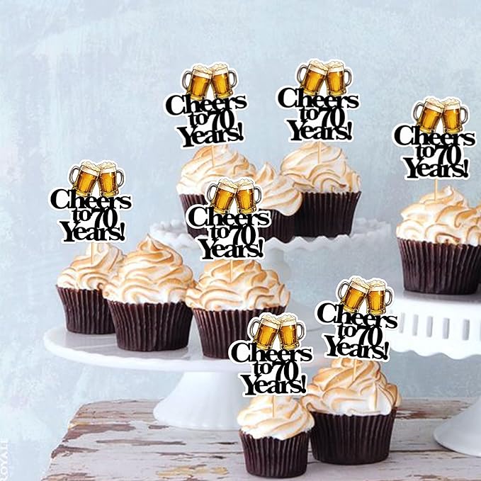 Ercadio 28 PCS Beer Party Cupcake Toppers Cheers and Beers Happy Birthday Decor for Cheers to 70 Years Cake Topper Favor for Summer Family Party Decor Supplies
