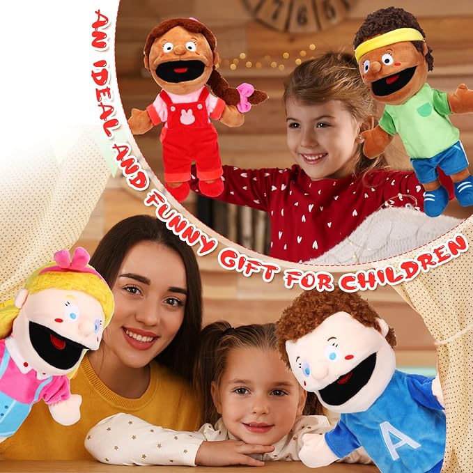 Lenwen 8 Piece Kids Hand Puppet Gifts Set 12 Inch Multicultural Plush Hand Puppets with Movable Mouth, Suitable for Classroom Interaction