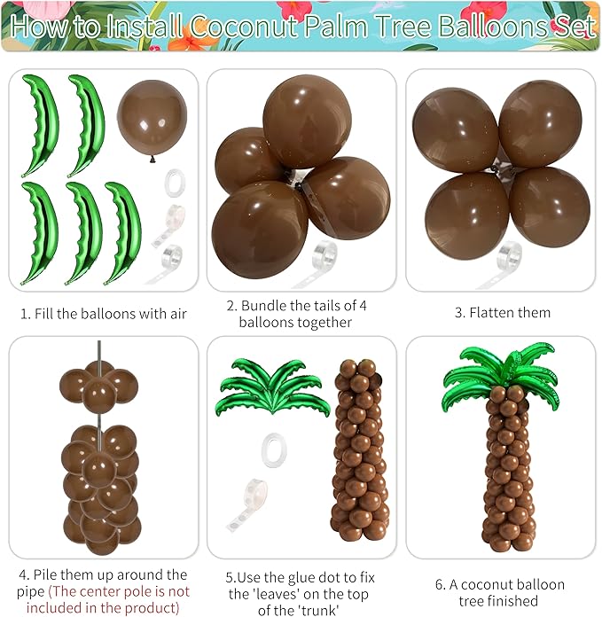 Hawaiian Luau Party Decoration Tropical Aloha Luau Balloons Arch Garland Kit Summer Beach Pool Party Supplies with Coconut Tree Shaped Balloon Set Table Skirt Cake Topper Palm Leaves and Hibiscus
