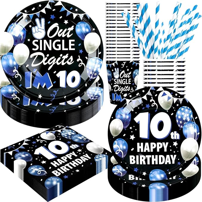 10th Birthday Decorations for Boys, 10 Year Old Boy Birthday Decorations Party Supplies, 120Pcs Double Digits Happy 10th Birthday Includes Paper Plates, Napkins, Cups and Straws | Serves 24