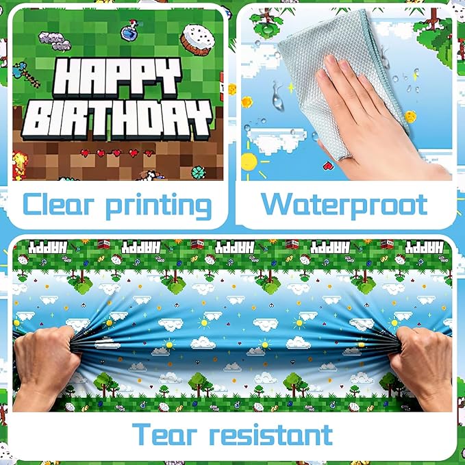 3 Pack Video Game Tablecloth,Plastic Disposable Gaming Theme Tablecloth, Retro Pixel Art Block Design, Vibrant 8-Bit Square Patterns for Kids Birthday Party,54 * 108 inch.