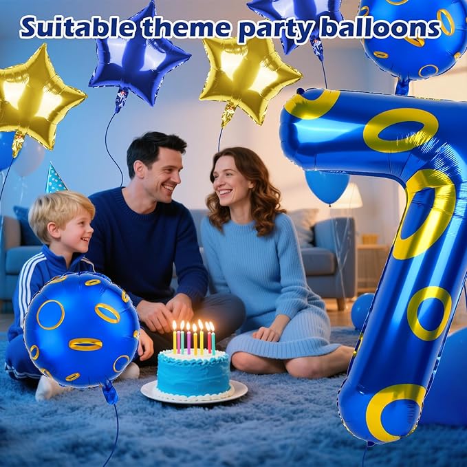 40 Inch Blue and Golden Ring Themed Number Balloon, Number Block Foil Number 7 Balloons Large Big Numbers Helium Balloon for Girls Boys 7th Birthday Theme Party Decorations (Number 7)