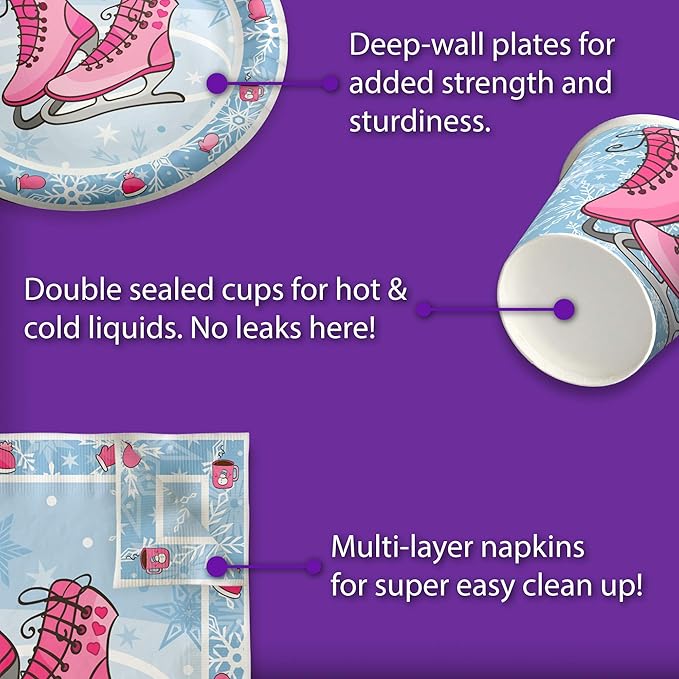 Ice Skating Birthday Party Supplies Set Plates Napkins Cups Tableware Kit for 16