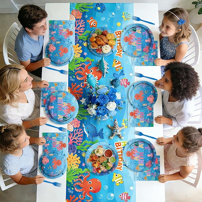 96Pcs Octopus Birthday Party Decorations Under the Sea Plates and Napkins Cute Octopus Ocean Animal Tableware Set for Cute Sea Animals Birthday Baby Shower Supplies, Serves 24
