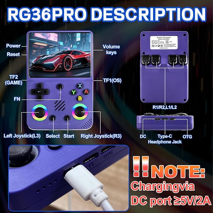 RG36PRO Retro Video Game Console - Open Source System,3.5"IPS Screen,64G TF card,3000mAh Battery,Support 30,000+ Classic Retro Video Games for Teen or Partner - Gift for Christmas - Purple