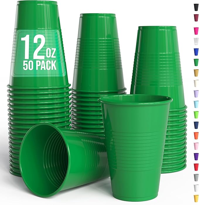 Exquisite Party Solids 12 Oz Green Plastic Cups For Party Supplies 50 Pack | Green Disposable Cups Plastic | Disposable Drinkware For Parties, Events & Everyday