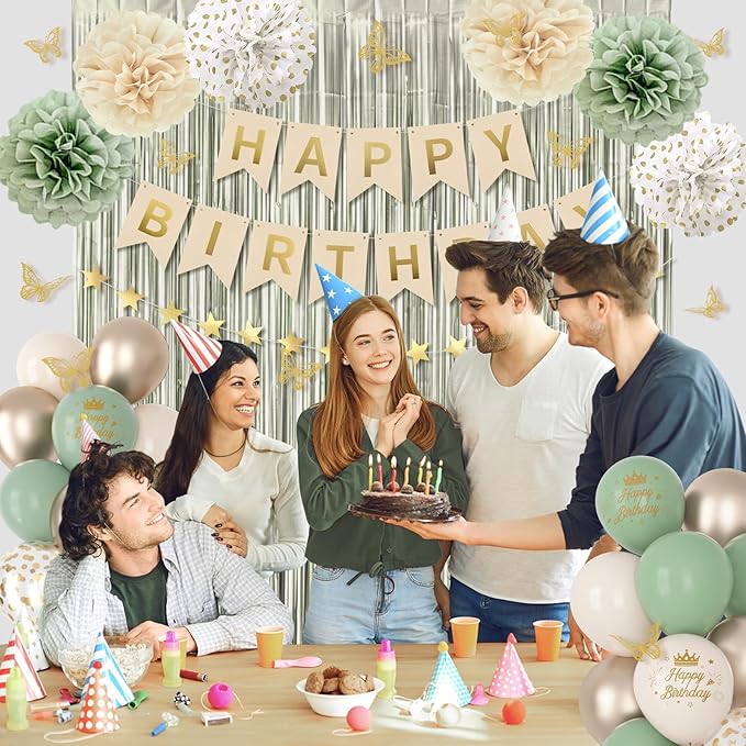 Sage Green Birthday Decorations for Women Girls, Green Sand Gold Confetti Metallic Printed Balloons Butterfly Stickers Fringe Curtain Happy Birthday Banner Star Garland Paper Pompoms Party Supplies