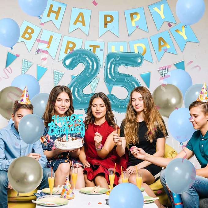 25th Birthday Decorations, Blue Happy Birthday Party Decorations With Teal Blue Number 25 Balloons Dusty Macaron Blue White Balloons Fringe Curtain Banner Cake Topper For Man Woman Party Supplies