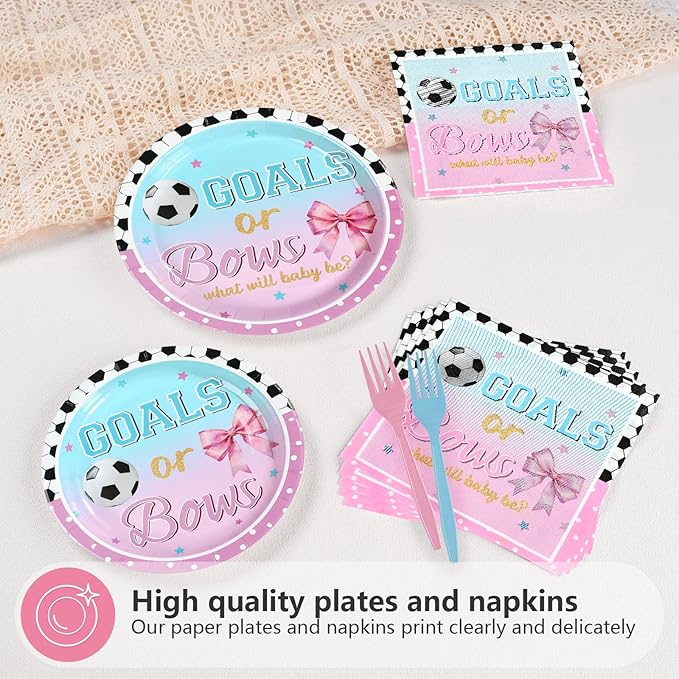 96Pcs Goals or Bows Gender Reveal Party Decoration Soccer Bows Plates and Napkins Blue Pink Watercolor Disposable Tableware Set for He or She Sports Gender Reveal Party Supplies Serves 24