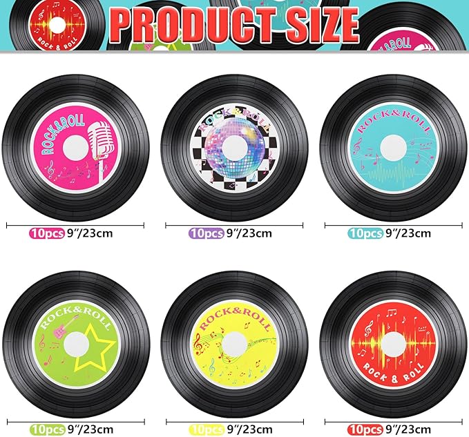 60 Pcs Rock Record CD Plates - 9 inch 1950's Retro Record Disco Plates for Rock Music Birthday Supplies Disco Birthday Party Decorations