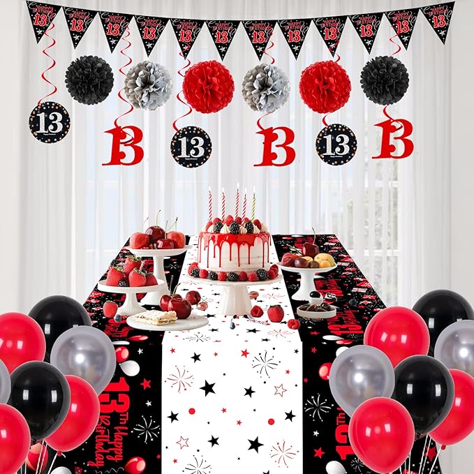 13th Birthday Decorations for Boys Girls Red and Black, Happy 13th Birthday Backdrop Banner, 13th Teenager Birthday Balloons Triangle Flag Tablecloth, 13 Year Old Boy Girl Bday Party Supplies