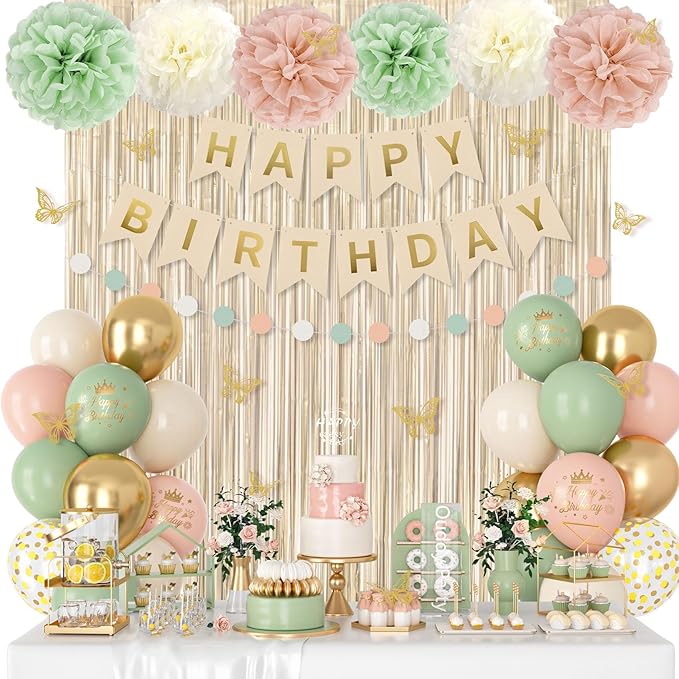 Pink and Sage Green Birthday Decorations for Women Girls, Blush Beige Sand Gold Metallic Printed Balloons Butterfly Stickers Fringe Curtain Happy Birthday Banner Circle Dot Paper Pompom Party Supplies
