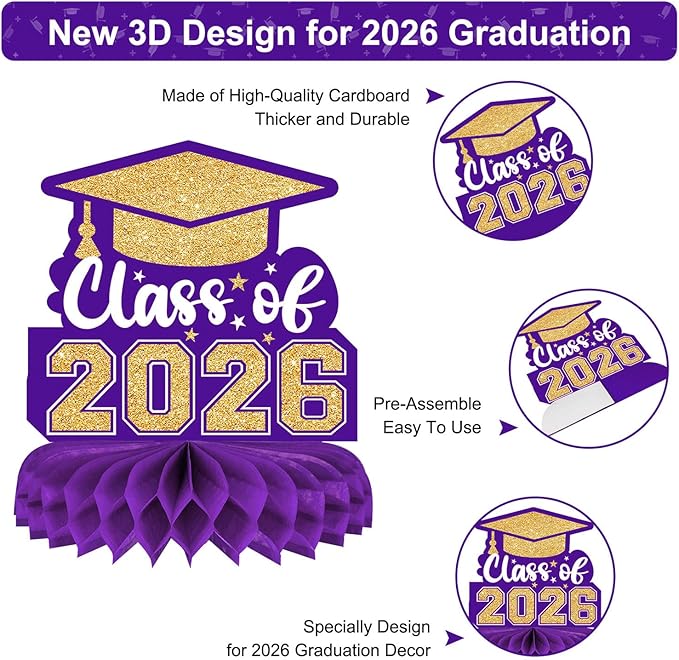8 Pieces Class of 2026 Graduation Table Decorations - 2026 Congrats Grad Honeycomb Centerpieces, Graduations Table Toppers Decor for 2026 Graduation Party Decorations Favor Supplies, Purple and Gold