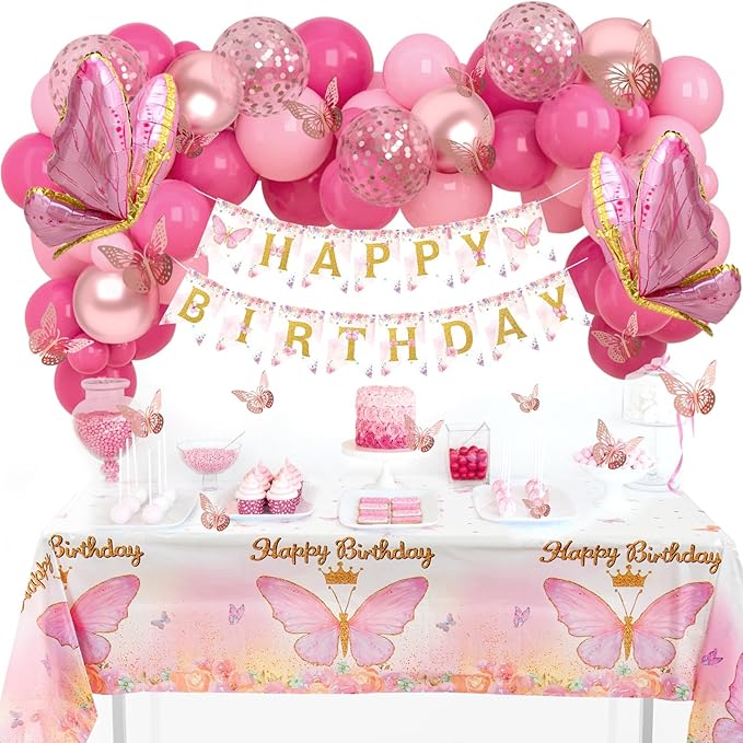 Butterfly Decorations for Girls, Pink Butterfly Themed Birthday Decorations Party Supplies with Balloon Arch Kit Backdrop Banner Foil Balloons Wall Decor, Princess Baby Shower Bday Party