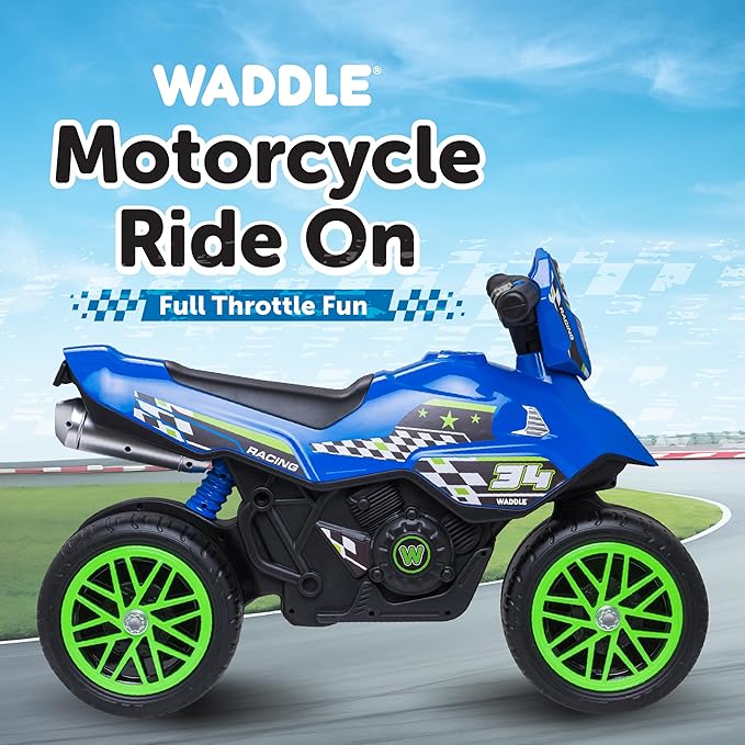 Waddle Kids Motorcycle Balance Bike - Toddler Ride on Toys w/Sounds, Wide Wheel Base, Rubber Coated Wheels, Foot to Floor Toddler Car Up to 44 Lbs, Motorbike for Kids Ages 18 Months to 3 Yrs, Blue