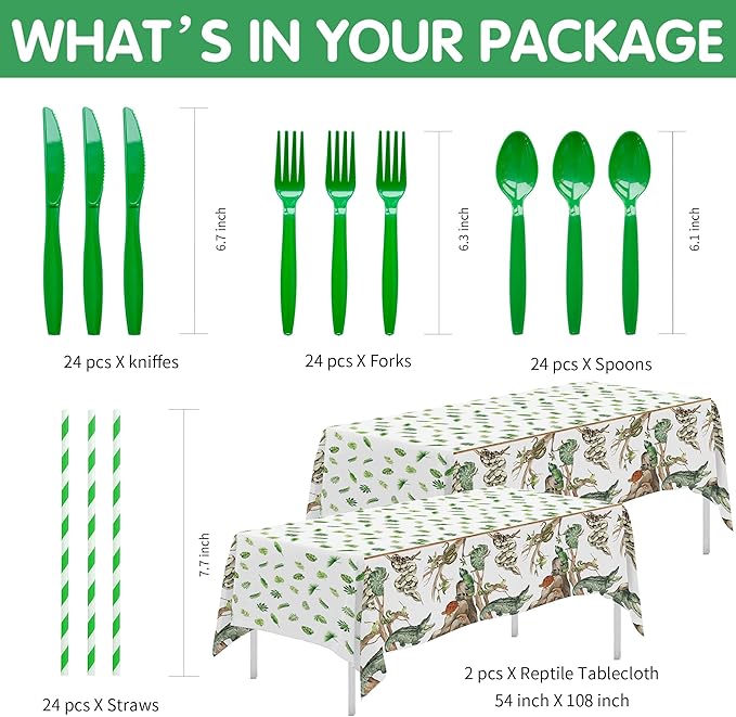 Reptile Birthday Party Supplies - Reptile Party Decorations, Plate, Cup, Napkin, Tablecloth, Tableware, Jungle Swamp Animal Lizard Snake Turtle Alligator Theme Party Decorations | Serve 24