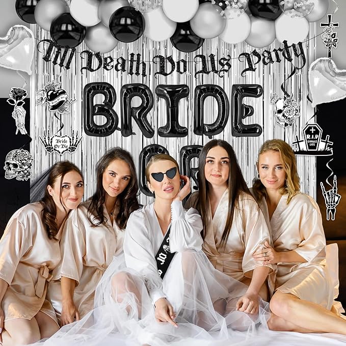 Bride or Die Bachelorette Party Decorations, 67pcs Till Death Do Us Party Banner Balloons Swirl Fringe Curtains Shoulder Strap Veil, Til Death Do Us Party Bachelorette Party Supplies