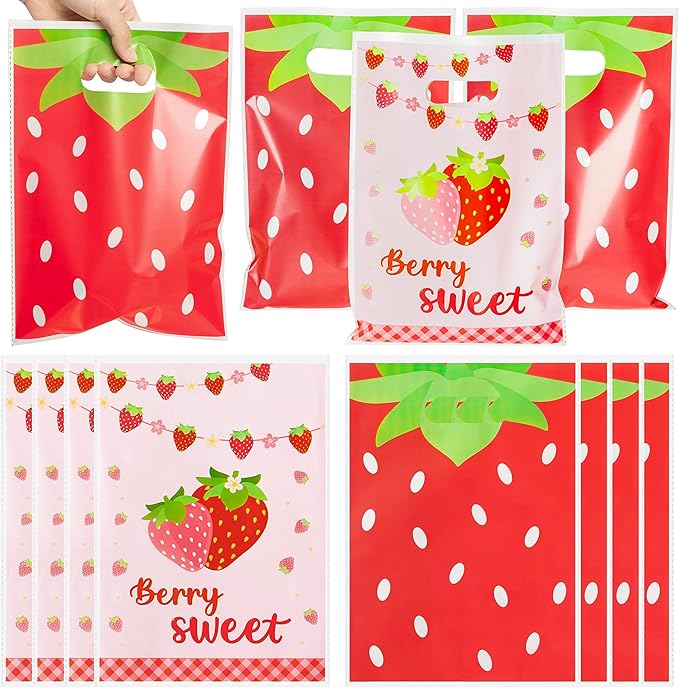 Strawberry Party Favors Bags - 50Pcs Red Pink Strawberry Goody Candy Treat Bags, Summer Berry Theme Party Favor Supplies Decorations for Kids Birthday Baby Shower Wedding