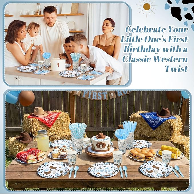 450 Pcs My First Rodeo Birthday Tableware Set Decorations Western Cowboy 1st Rodeo Paper Plates Disposable Napkins Cups Cutlery Straws for Boy Baby Shower Party Supplies, Serves 50